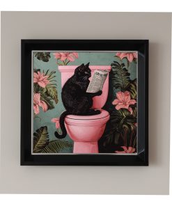 Çerçeveli Pleksi Camlı Kara Kedi Banyoda Temalı Tablo 20 x 20 cm