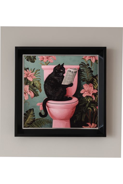 Çerçeveli Pleksi Camlı Kara Kedi Banyoda Temalı Tablo 20 x 20 cm