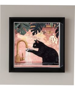 Çerçeveli Pleksi Camlı Kara Kedi Banyoda Temalı Tablo 20 x 20 cm