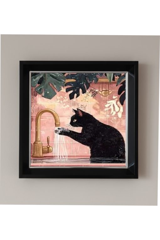 Çerçeveli Pleksi Camlı Kara Kedi Banyoda Temalı Tablo 20 x 20 cm
