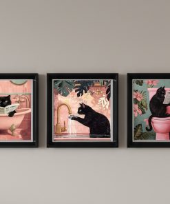3 Lü Çerçeveli Pleksi Camlı Kara Kedi Banyoda Temalı Tablo 20 x 20 cm
