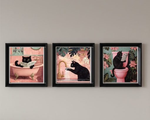 3 Lü Çerçeveli Pleksi Camlı Kara Kedi Banyoda Temalı Tablo 20 x 20 cm
