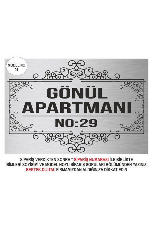 Gümüş Apartman Kapı Tabelası Kişiye Özel 20x30 cm