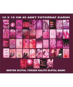 Pembe Temalı 45 Adet Duvar Poster Seti, Özel Tasarım, Oda Dekoru (KRM40)