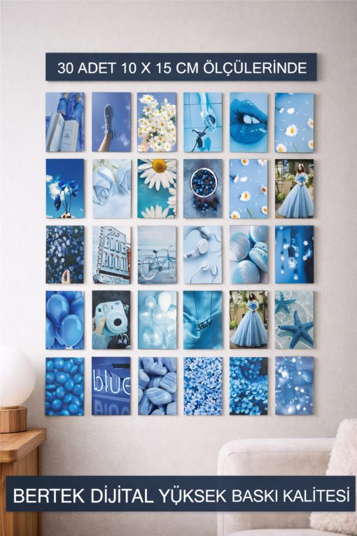 Mavi Temalı 30 Adet Duvar Poster Seti, Özel Tasarım, Oda Dekoru (BLUE01)
