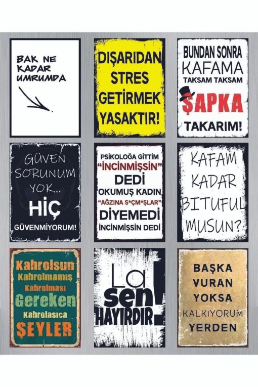 9 Parça Karışık Yazılı Ahşap Tablo Seti