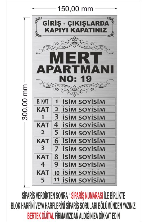 Bina - Site - Apartman Giriş Kapı Zil ve diafon isimliği apartman isimliği 15 CM X 30 CM