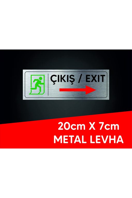 ÇIKIŞ EXIT SAĞA YAZILI VE LOGOLU GÜMÜŞ METAL LEVHA 20 X 7 CM