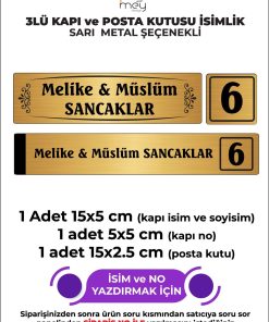ALTIN METAL KAPI İSİMLİĞİ SETİ 3'LÜ - KAPI İSİMLİĞİ, KAPI NUMARASI, POSTA KUTUSU İSİMLİĞİ