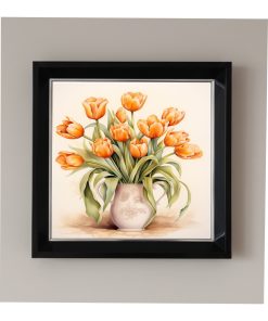 Çerçeveli Pleksi Camlı Vazo ve Turuncu Laleler Temalı Tablo 20 x 20 cm