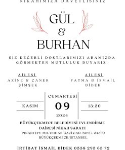 13x18 cm Düğün Davetiyesi | Kişiye Özel Baskı No: 2308