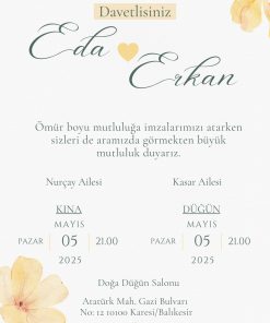 13x18 cm Düğün Davetiyesi | Kişiye Özel Baskı No: 2363