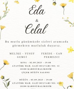13x18 cm Düğün Davetiyesi | Kişiye Özel Baskı No: 2438