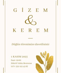 13x18 cm Düğün Davetiyesi | Kişiye Özel Baskı No: 2230