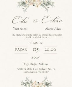 13x18 cm Düğün Davetiyesi | Kişiye Özel Baskı No: 2235