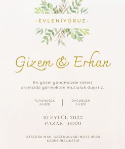 13x18 cm Düğün Davetiyesi | Kişiye Özel Baskı No: 2240