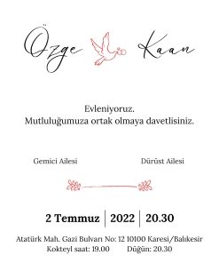 13x18 cm Düğün Davetiyesi | Kişiye Özel Baskı No: 2261