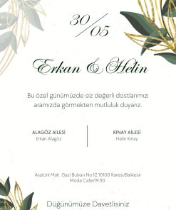 13x18 cm Düğün Davetiyesi | Kişiye Özel Baskı No: 2279